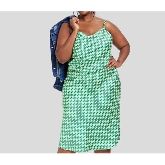 Green Ivory Geometric Print Cowl Neck Satin Midi Dress Size 3X 22 24‎ Plus Size - Picture 2 of 10